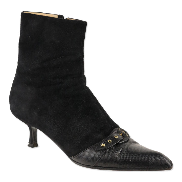 Chanel Black Suede and Lizard Buckle Cap-Toe Kitten Heel Ankle Booties
