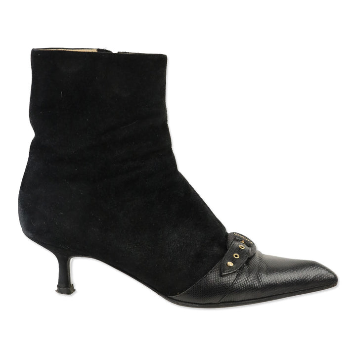 Chanel Black Suede and Lizard Buckle Cap-Toe Kitten Heel Ankle Booties