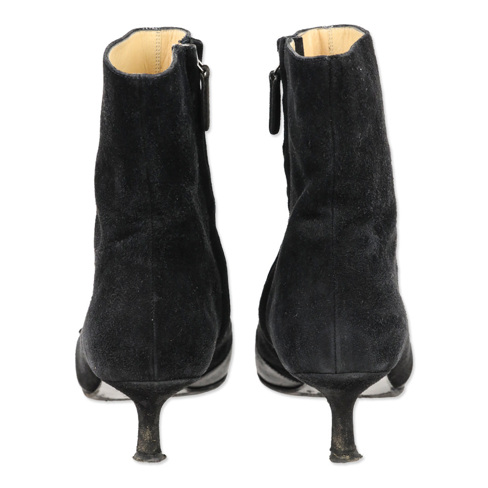 Chanel Black Suede and Lizard Buckle Cap-Toe Kitten Heel Ankle Booties