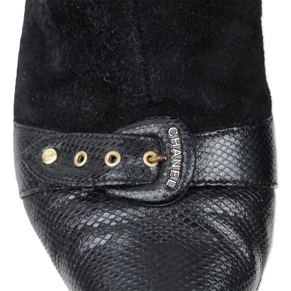 Chanel Black Suede and Lizard Buckle Cap-Toe Kitten Heel Ankle Booties