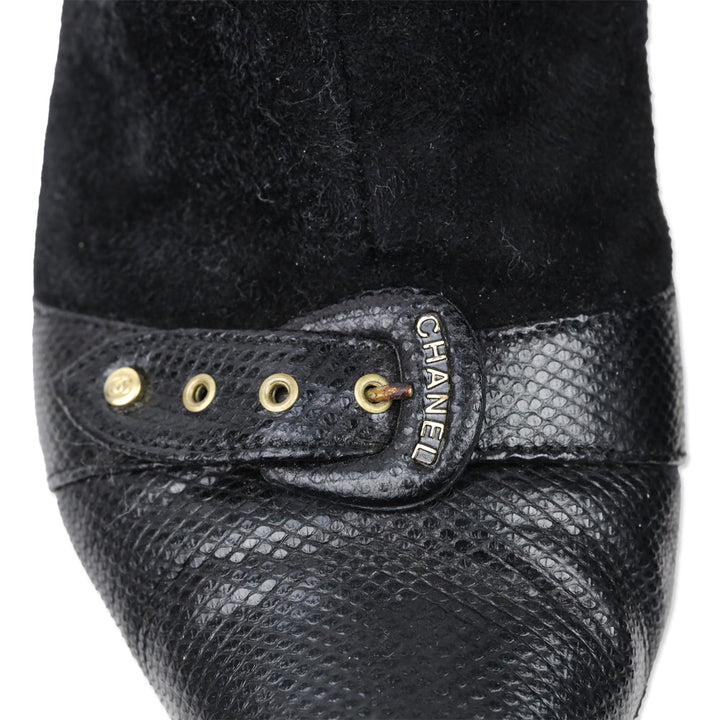 Chanel Black Suede and Lizard Buckle Cap-Toe Kitten Heel Ankle Booties