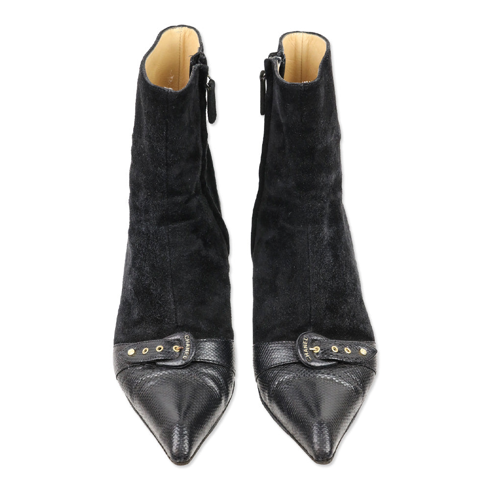 Chanel Black Suede and Lizard Buckle Cap-Toe Kitten Heel Ankle Booties