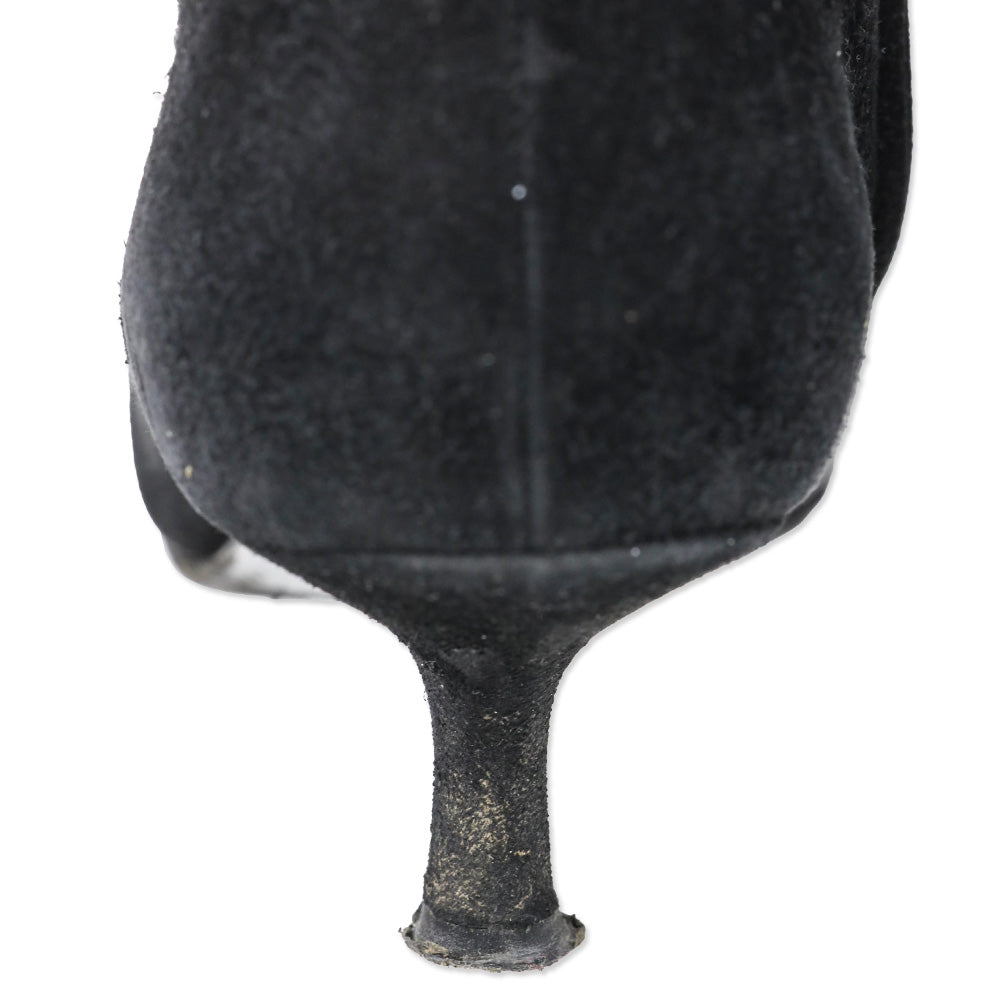 Chanel Black Suede and Lizard Buckle Cap-Toe Kitten Heel Ankle Booties