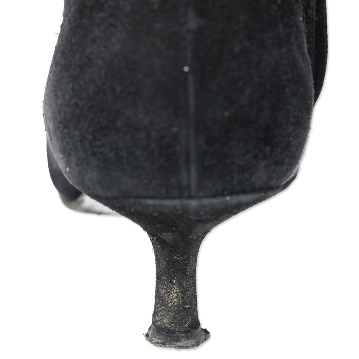 Chanel Black Suede and Lizard Buckle Cap-Toe Kitten Heel Ankle Booties