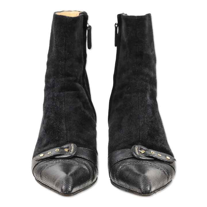 Chanel Black Suede and Lizard Buckle Cap-Toe Kitten Heel Ankle Booties