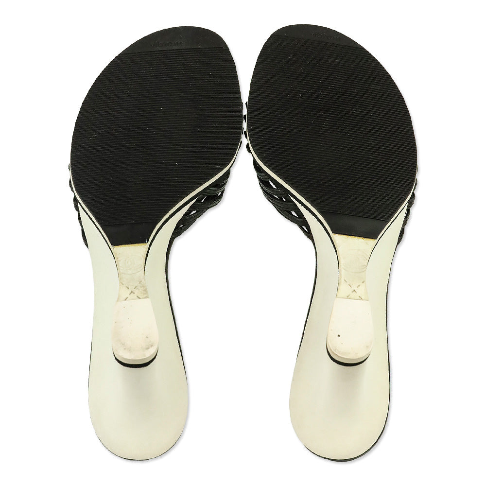 Chanel Black/White Leather Camellia Appliqué Wedge Mules