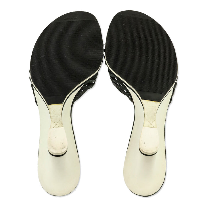 Chanel Black/White Leather Camellia Appliqué Wedge Mules