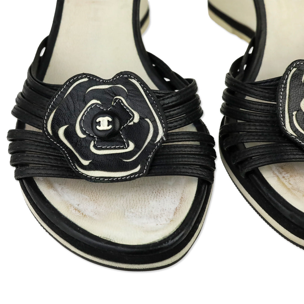 Chanel Black/White Leather Camellia Appliqué Wedge Mules
