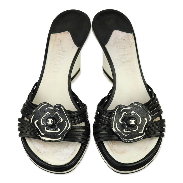 Chanel Black/White Leather Camellia Appliqué Wedge Mules