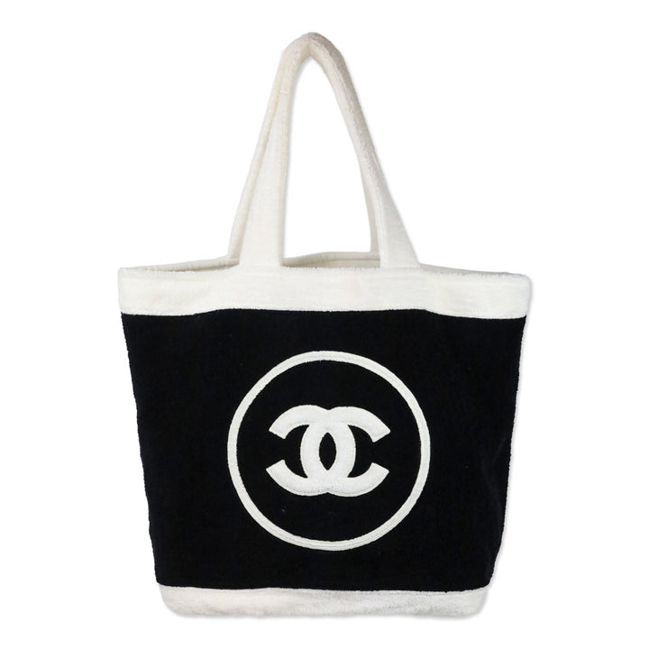 Chanel Black/White Terry Cotton CC Beach Tote with Pouch