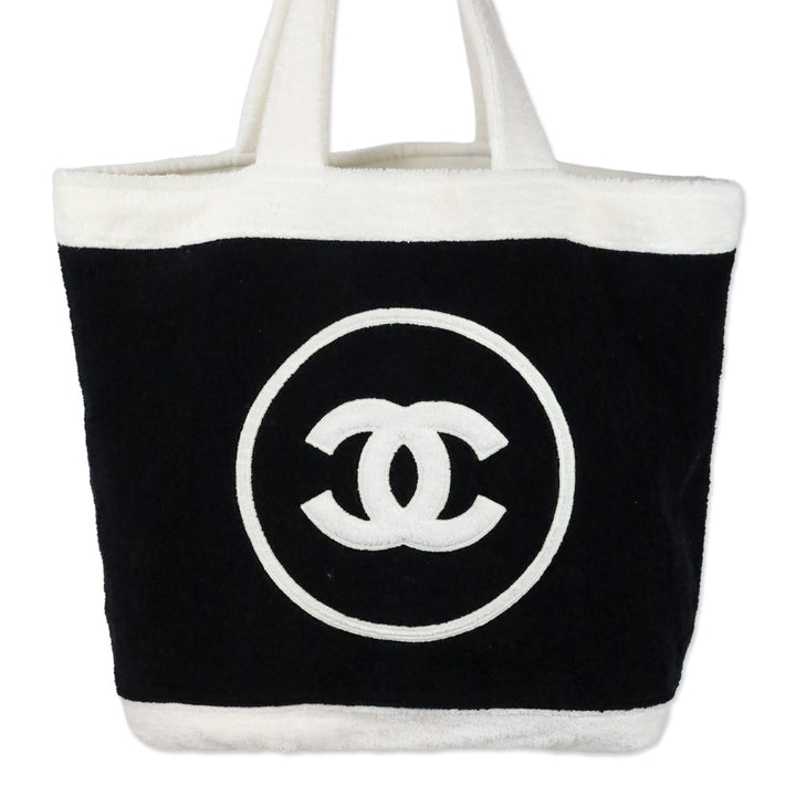 Chanel Black/White Terry Cotton CC Beach Tote with Pouch