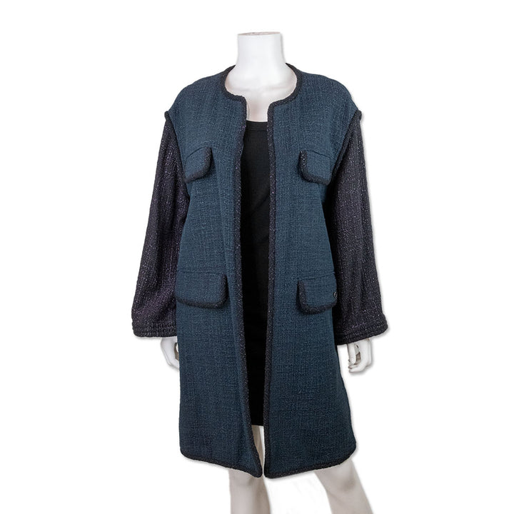 Chanel Blue Tweed Trench Coat with Purple Accents