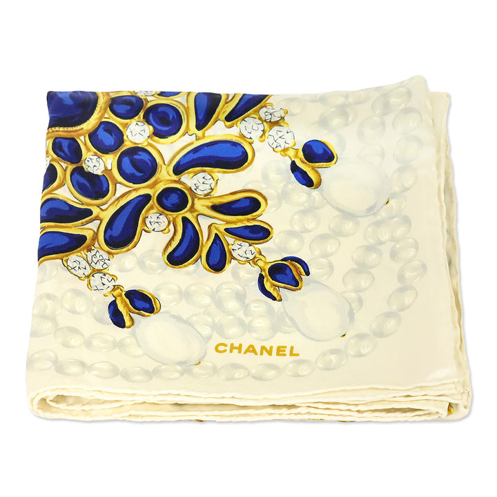 Chanel Blue & Gold Jewel Print Cream Silk Scarf