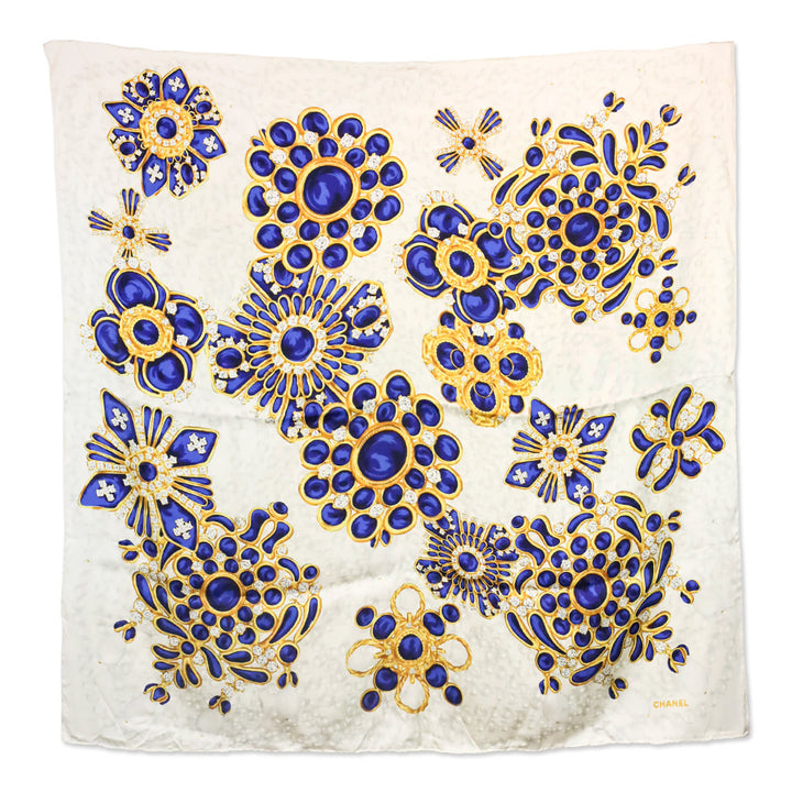 Chanel Blue & Gold Jewel Print Cream Silk Scarf