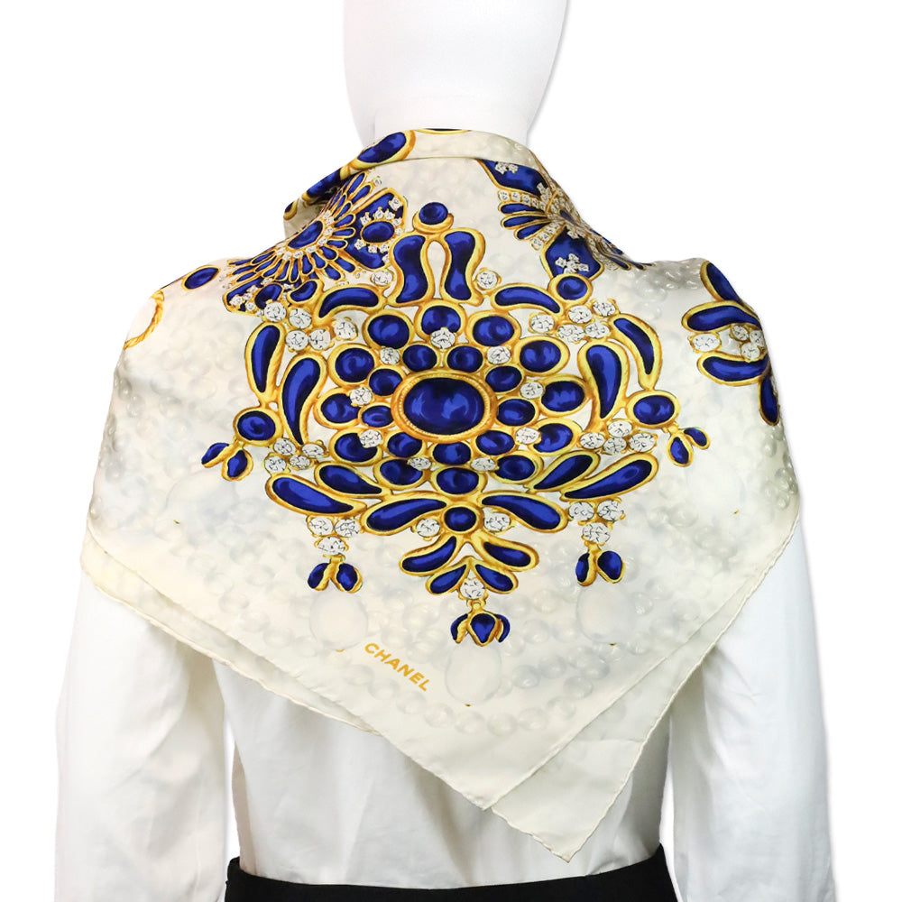 Chanel Blue & Gold Jewel Print Cream Silk Scarf