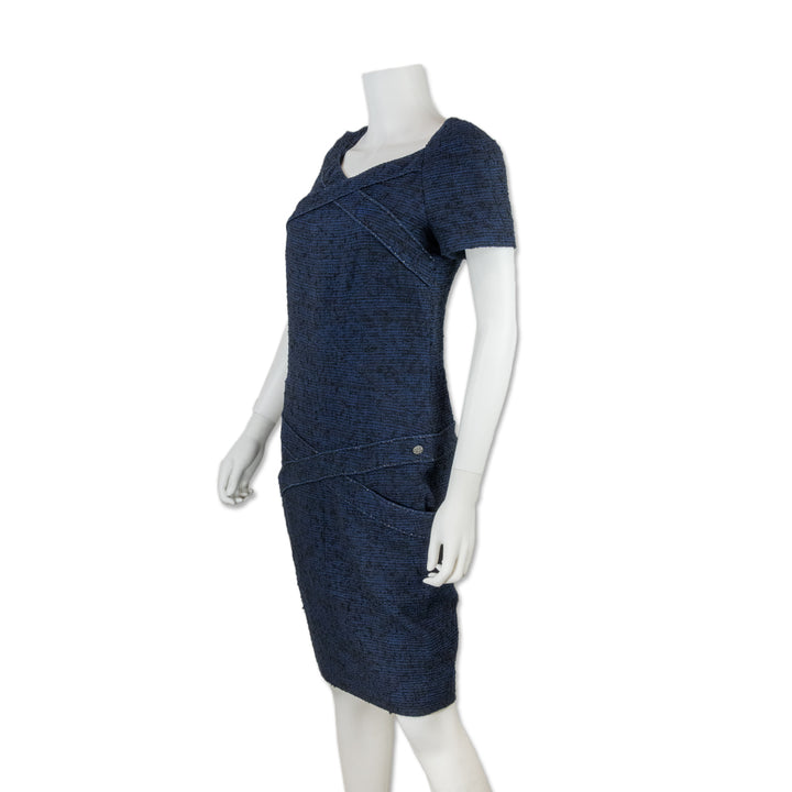 Chanel Blue and Black Tweed Shift Dress with Cross Pattern