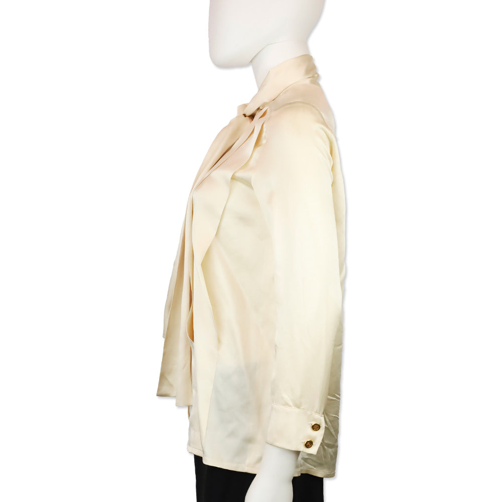 Chanel Boutique (91) Cream Silk Tie-Neck Button Up Blouse