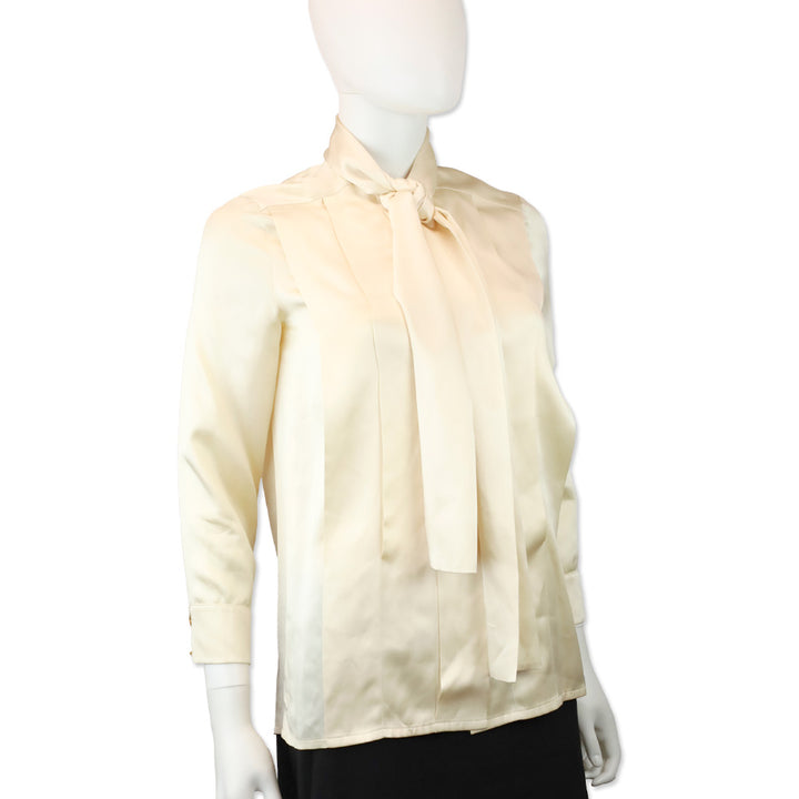 Chanel Boutique (91) Cream Silk Tie-Neck Button Up Blouse