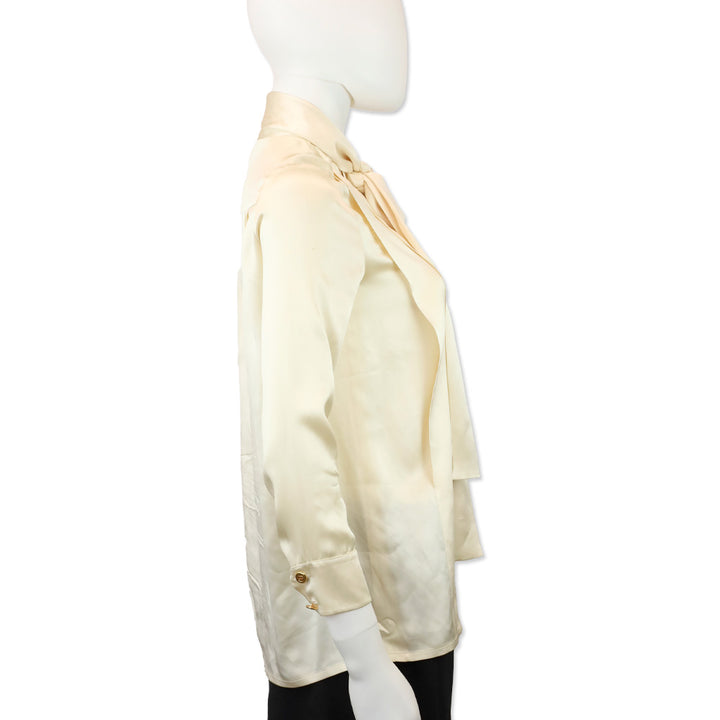 Chanel Boutique (91) Cream Silk Tie-Neck Button Up Blouse