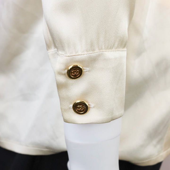 Chanel Boutique (91) Cream Silk Tie-Neck Button Up Blouse