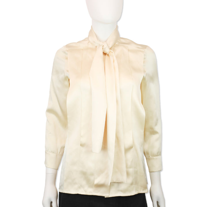 Chanel Boutique (91) Cream Silk Tie-Neck Button Up Blouse