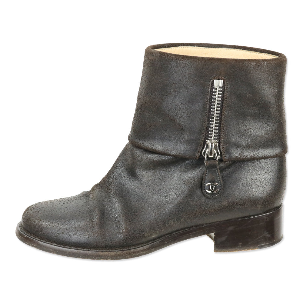 Chanel Brown Distressed Leather Fold-Over Ankle Boots