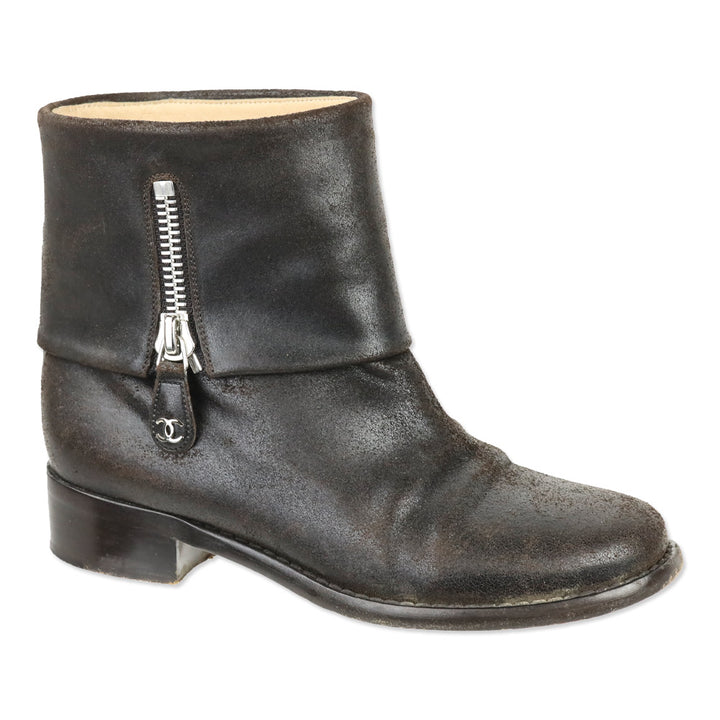 Chanel Brown Distressed Leather Fold-Over Ankle Boots