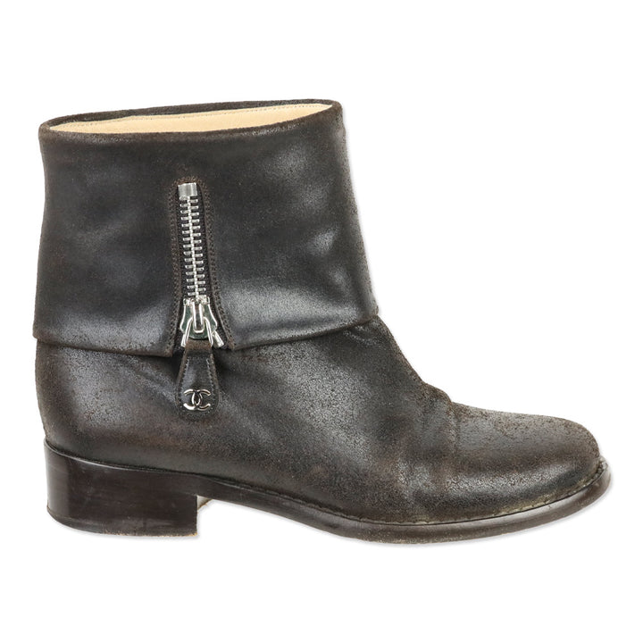 Chanel Brown Distressed Leather Fold-Over Ankle Boots