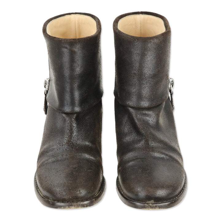 Chanel Brown Distressed Leather Fold-Over Ankle Boots