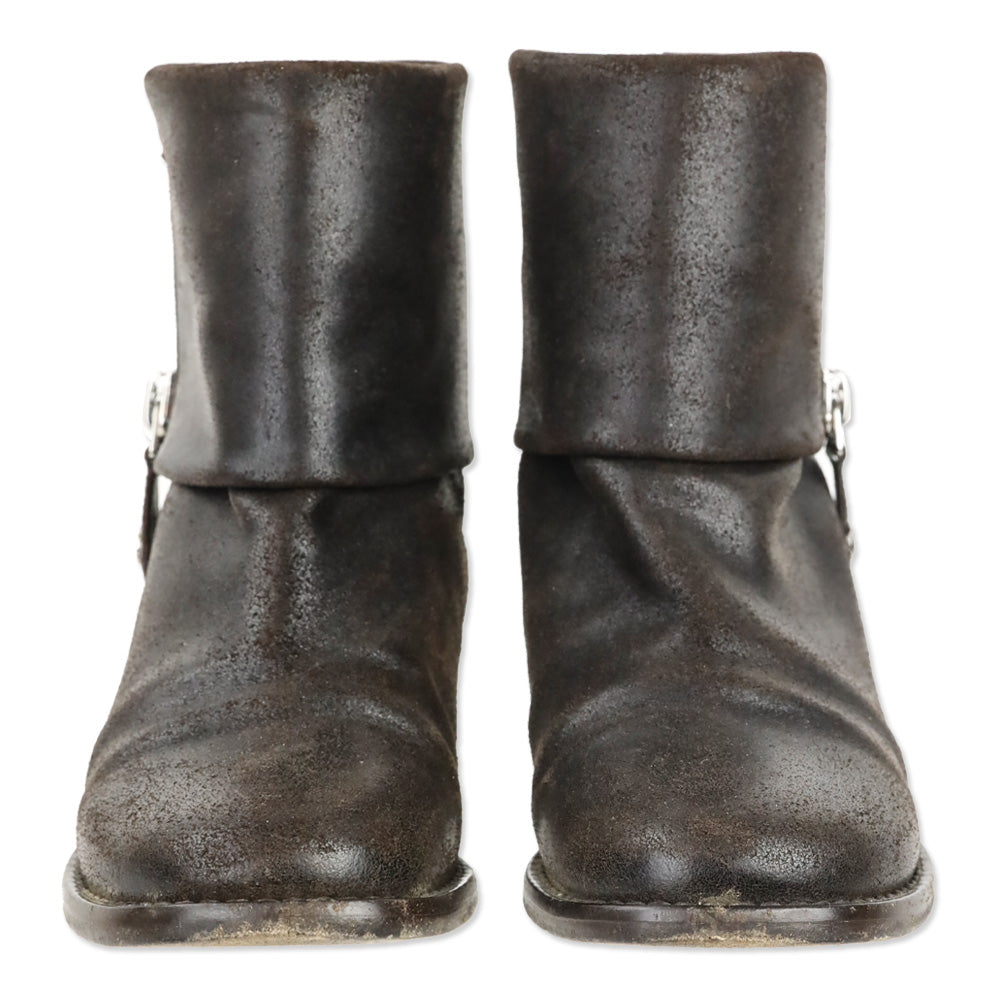 Chanel Brown Distressed Leather Fold-Over Ankle Boots