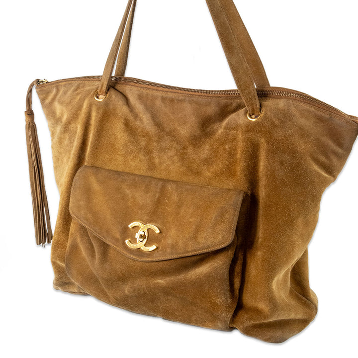 Chanel Brown Suede Turn Lock Tote