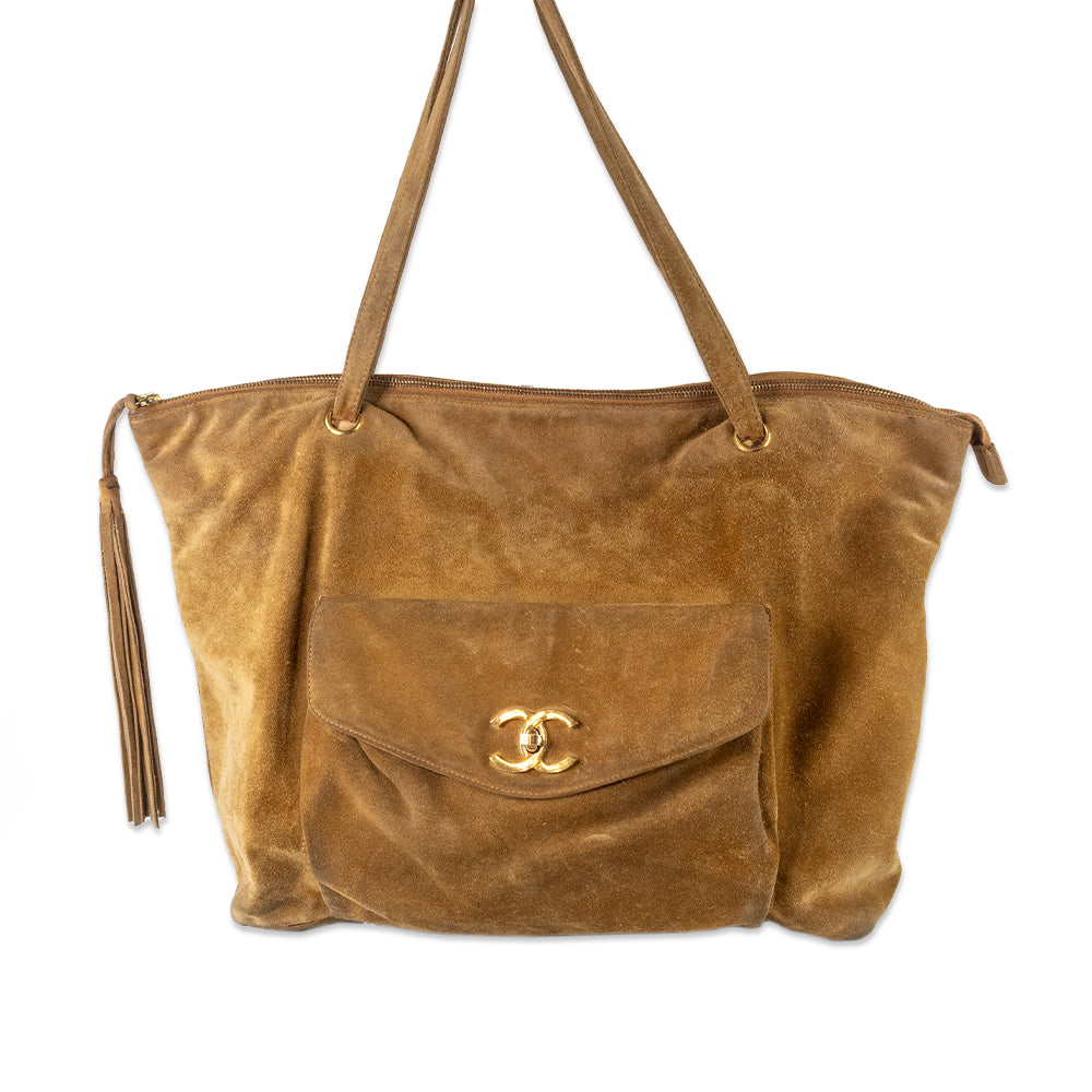 Chanel Brown Suede Turn Lock Tote