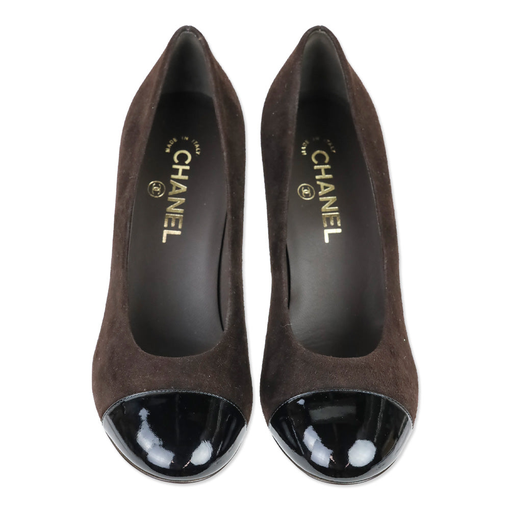 Chanel Brown Suede/Black Patent Cap Toe Pumps