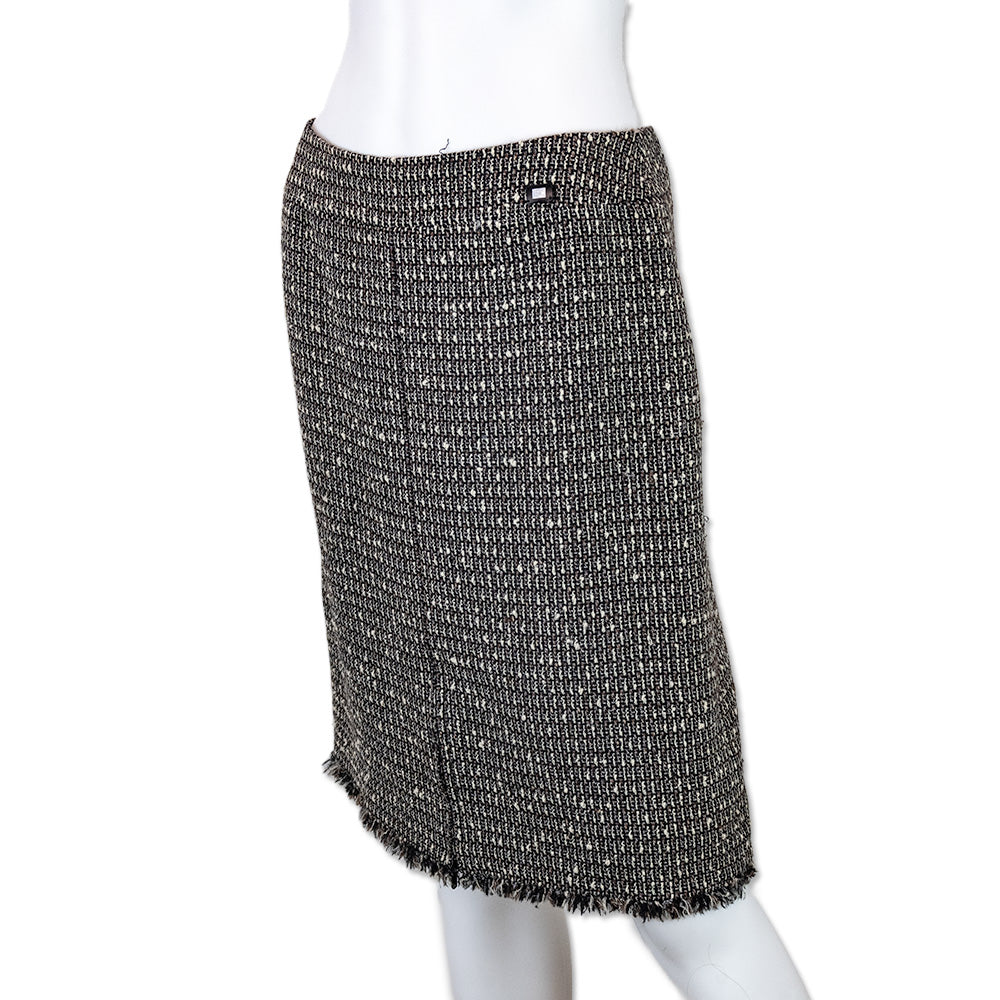 Chanel Brown Tweed Fringe Trim Mid-Length Skirt