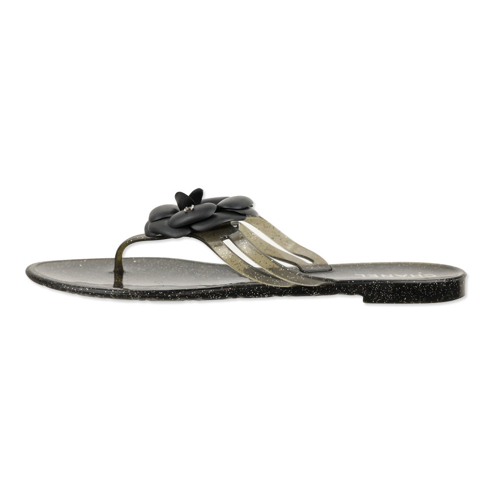 Chanel Camellia Black Glitter Jelly Thong Sandals