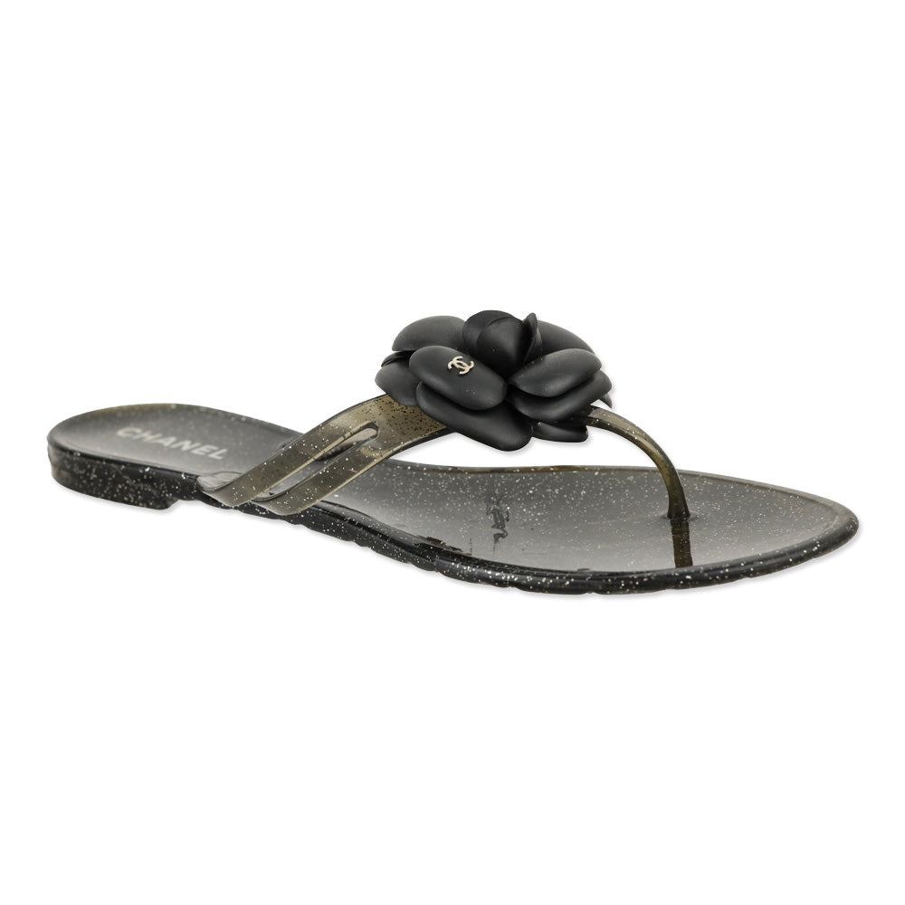 Chanel Camellia Black Glitter Jelly Thong Sandals
