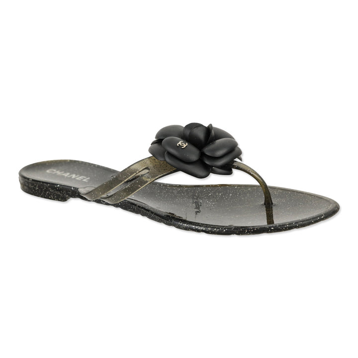 Chanel Camellia Black Glitter Jelly Thong Sandals