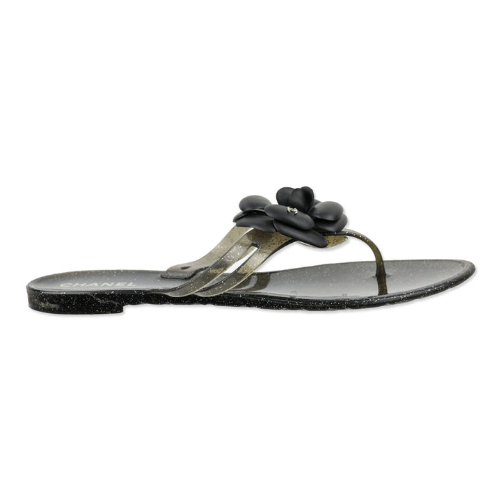 Chanel Camellia Black Glitter Jelly Thong Sandals