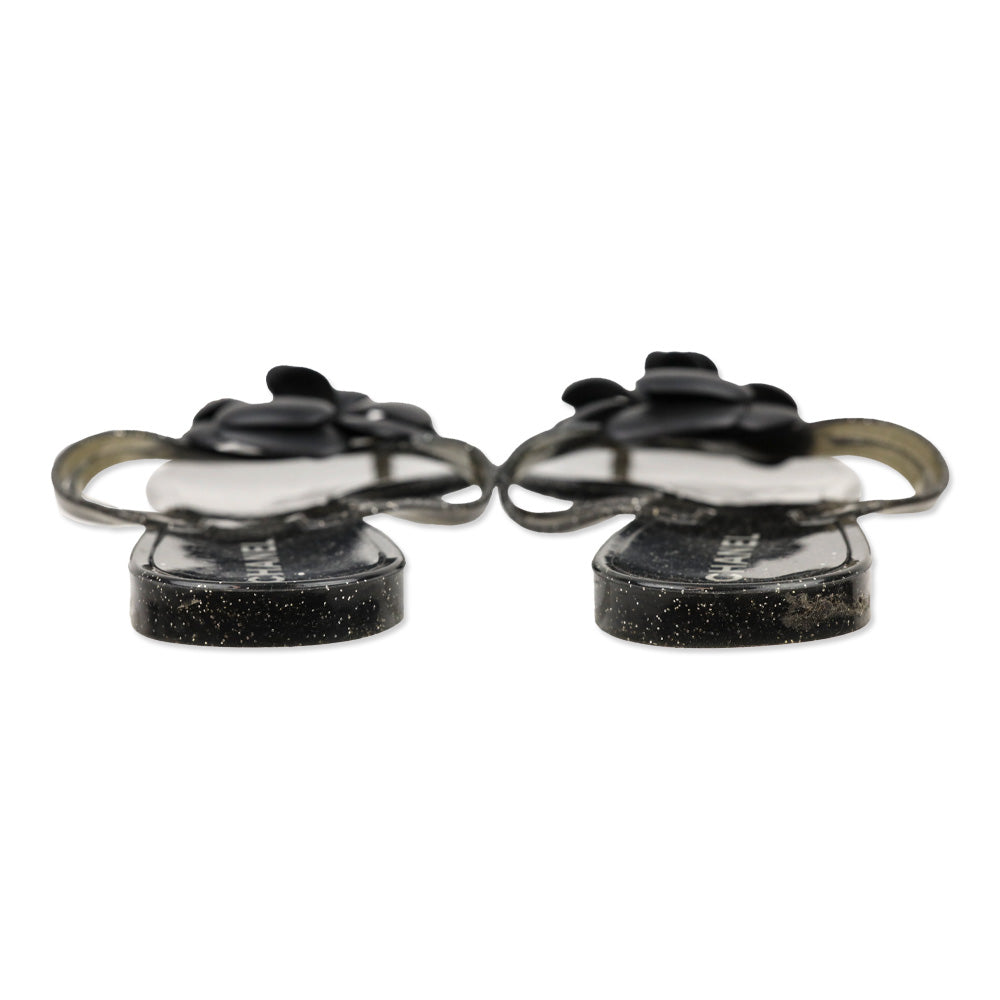 Chanel Camellia Black Glitter Jelly Thong Sandals