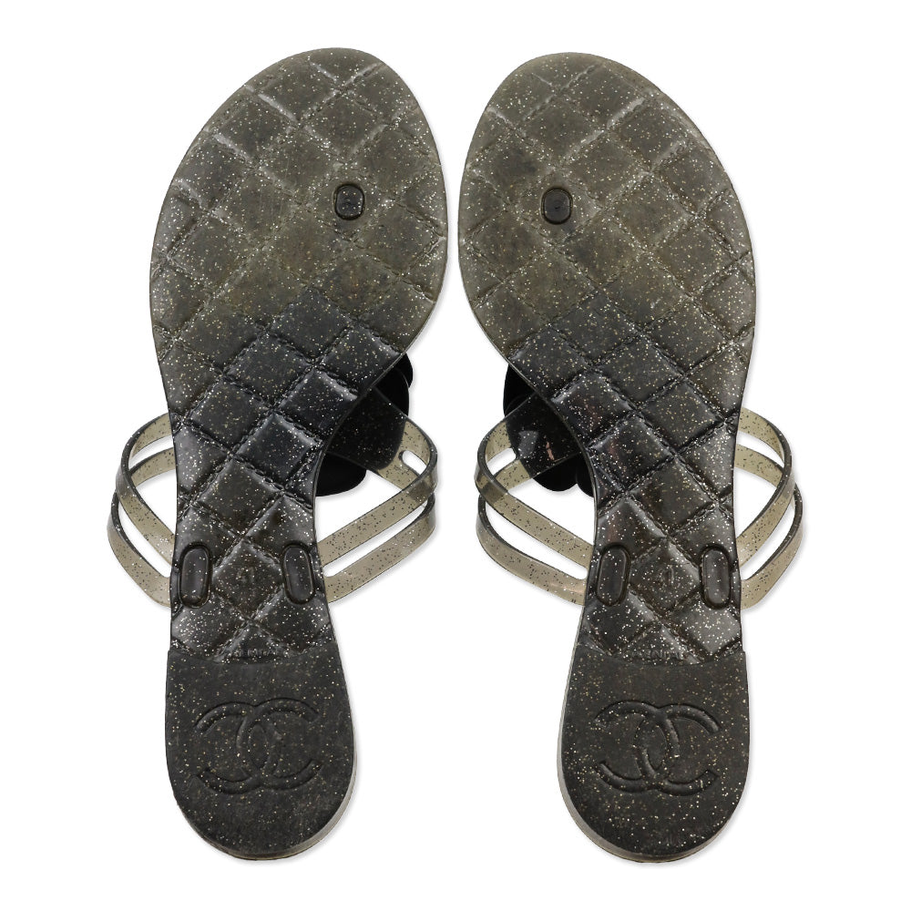 Chanel Camellia Black Glitter Jelly Thong Sandals