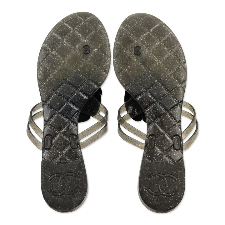 Chanel Camellia Black Glitter Jelly Thong Sandals