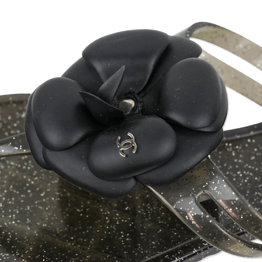 Chanel Camellia Black Glitter Jelly Thong Sandals