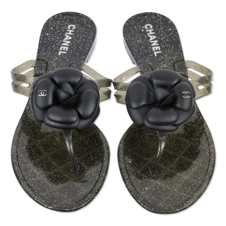 Chanel Camellia Black Glitter Jelly Thong Sandals