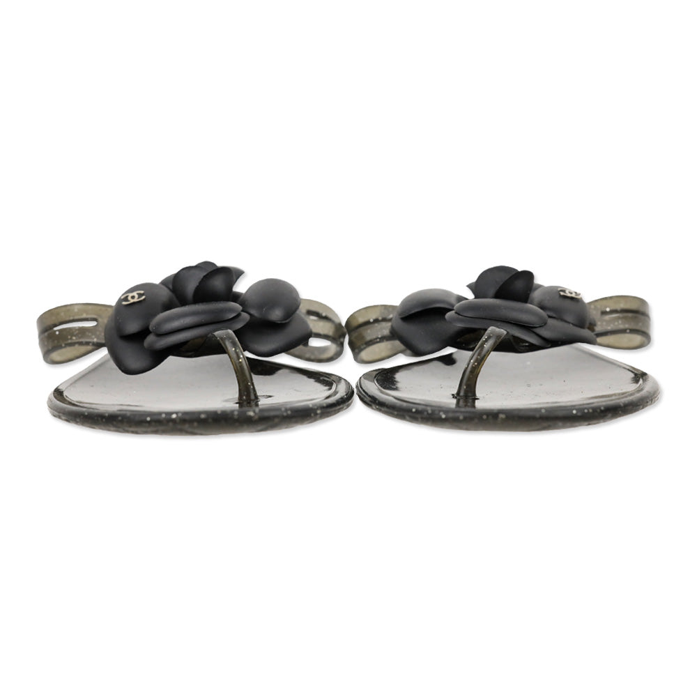 Chanel Camellia Black Glitter Jelly Thong Sandals
