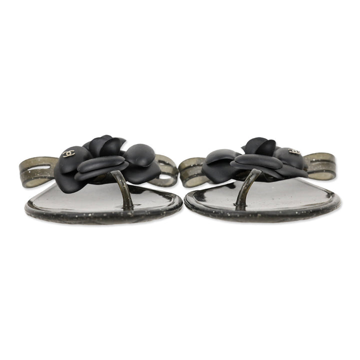 Chanel Camellia Black Glitter Jelly Thong Sandals