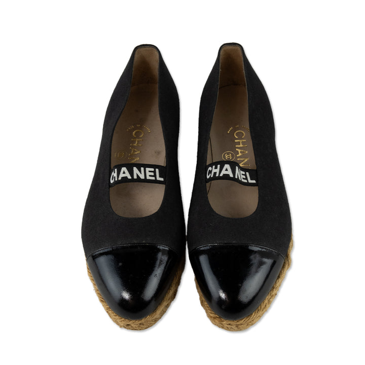 Chanel Canvas Espadrille with Logo Strap and Patent Leather Cap Toe