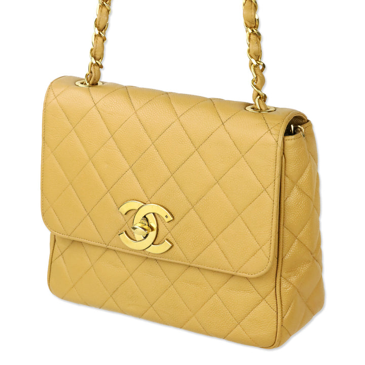 Chanel Caviar Gold Beige Quilted Vintage Square Classic Flap Bag