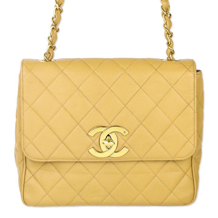 Chanel Caviar Gold Beige Quilted Vintage Square Classic Flap Bag
