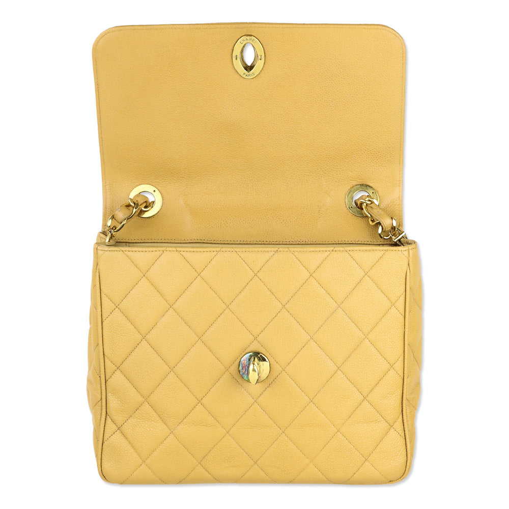 Chanel Caviar Gold Beige Quilted Vintage Square Classic Flap Bag