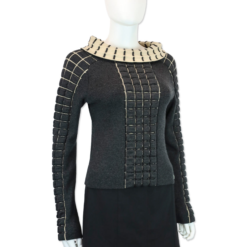 Chanel Charcoal Grey and Beige Chocolate Bar Wool Knit Turtleneck Sweater